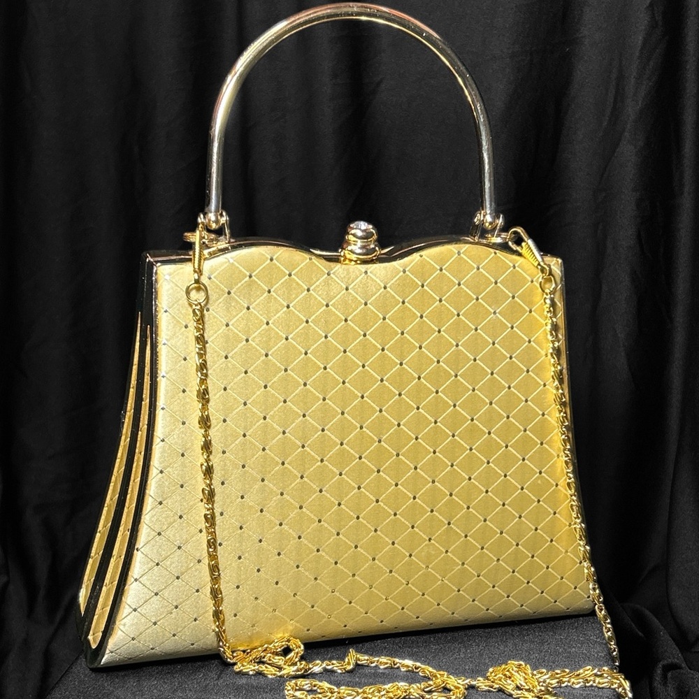 Joymax Vintage Gold Jewel Embellished with Rhinestone Kiss Clasp Purse Hand Bag